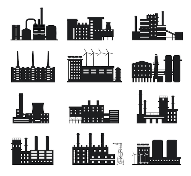 Plik wektorowy sylwetka fabryki. ikony budynków przemysłowych. produkcja fabryki i elektrowni z kominami, wiatrakami i panelami słonecznymi logo wektor zestaw. sprzęt i firma z alternatywnych źródeł energii