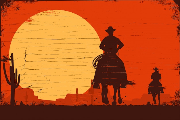 Sylwetka kowbojów na koniach o zachodzie słońca na drewniany znak, wektor