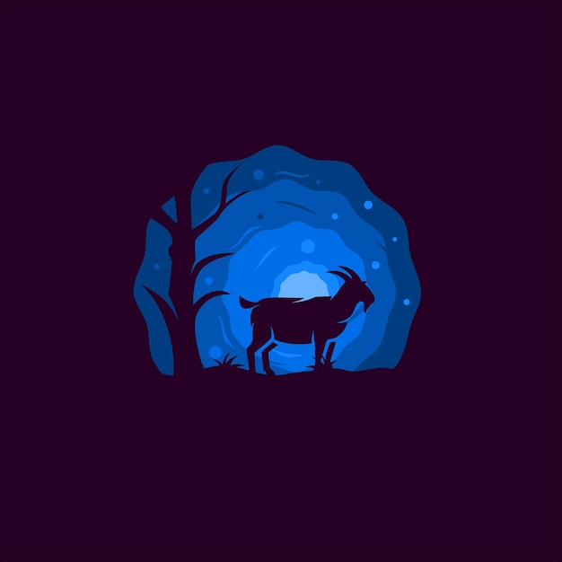 Plik wektorowy sylwetka kozy stojącej obok drzewa z niebieskim tłem księżyca