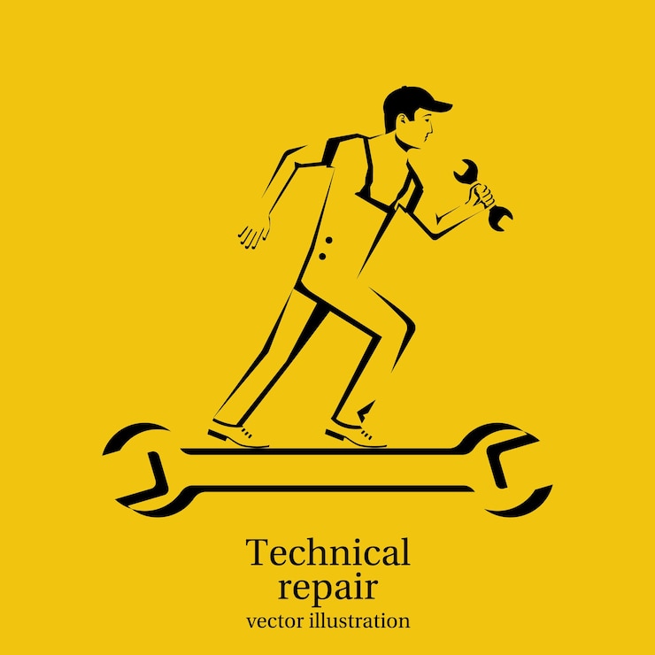 Wektor sylwetka naprawy technicznej. piktogram wezwać technika. mechanik trzymać w ręku klucz i skrzynkę narzędziową. wektor ilustracja płaska konstrukcja. na białym tle. obsługa klienta pracownika.