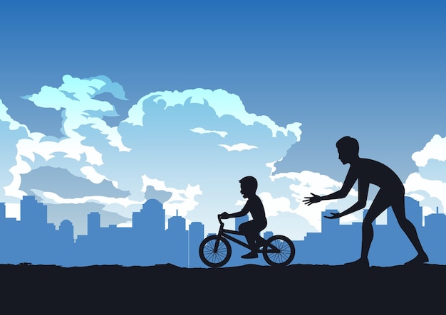 Sylwetka Ojca Uczy Syna Jeździć Na Rowerze