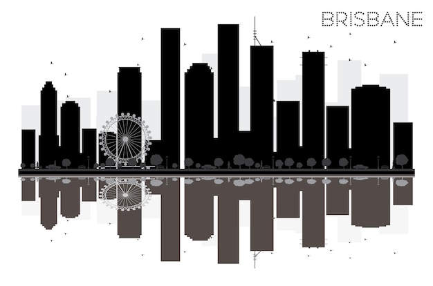 Plik wektorowy sylwetka panoramę miasta brisbane czarno-białe z odbiciami. ilustracja wektorowa. prosta koncepcja płaska do prezentacji turystyki, banera, afiszu lub strony internetowej. pejzaż miejski z zabytkami.