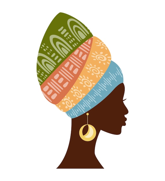 Sylwetka Pięknej Afrykańskiej Kobiety W Tradycyjnym Widoku Profilu Wielobarwny Turban