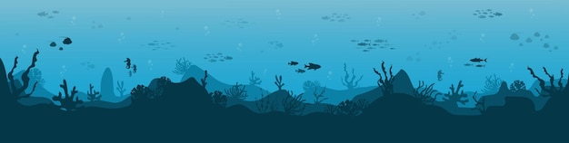 Sylwetka Rafy Koralowej Z Rybami I Płetwonurkiem Na Niebieskim Tle Morza