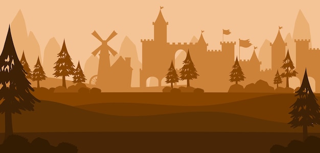Plik wektorowy sylwetka sceny krajobrazu ze średniowiecznym miastem