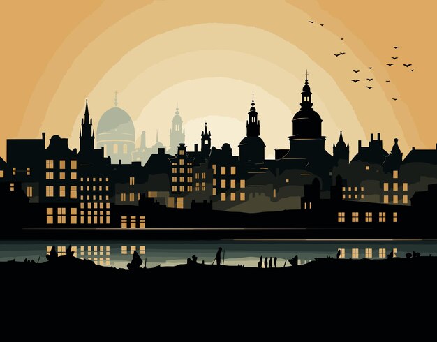 Plik wektorowy sylwetka starego miasta o zachodzie słońca ilustracja wektorowa