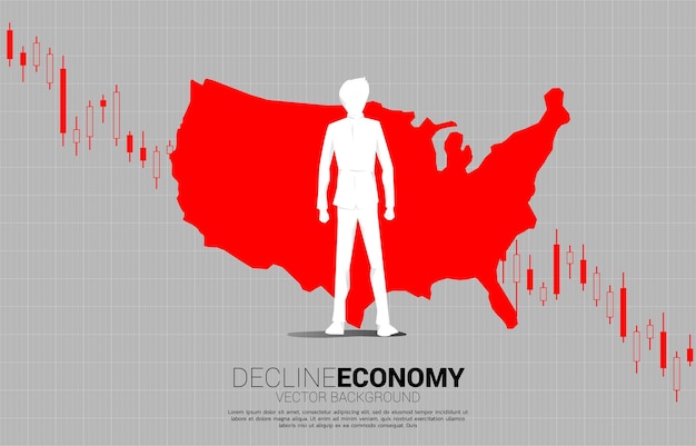 Sylwetka wykresu poślizgu biznesmena i spowolnienia gospodarczego z mapą USA Koncepcja spadku gospodarki w Ameryce