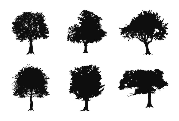 Plik wektorowy sylwetki drzew lub zestawy starych czarnych drzew