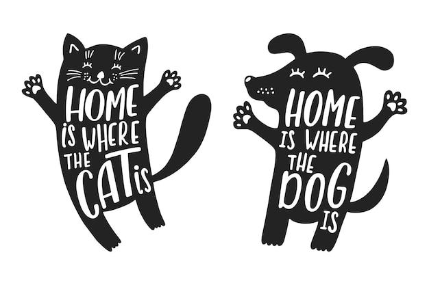Sylwetki kotów i psów z zabawnym cytatem o domu.
