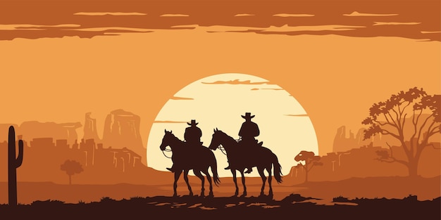 Plik wektorowy sylwetki kowbojów jadących konno przez kanion z zachodzącym słońcem w tle
