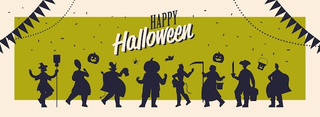 Sylwetki Ludzi W Różnych Strojach świętuje Happy Halloween Party Concept Napis Kartkę Z życzeniami Pełnej Długości Poziome Ilustracji Wektorowych