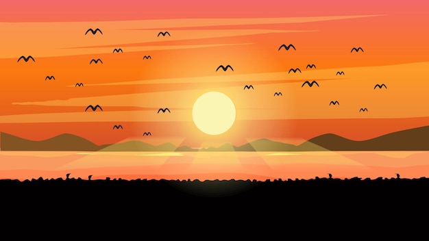 Sylwetki Nietoperze Latające Nad Jeziorem O Zachodzie Słońca. Ilustracja Wektorowa