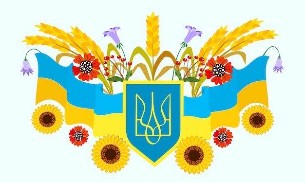 Plik wektorowy symbol flagi ukrainy kolor wstążki kiełki pszenicy dzwonki słoneczniki symbol pokoju