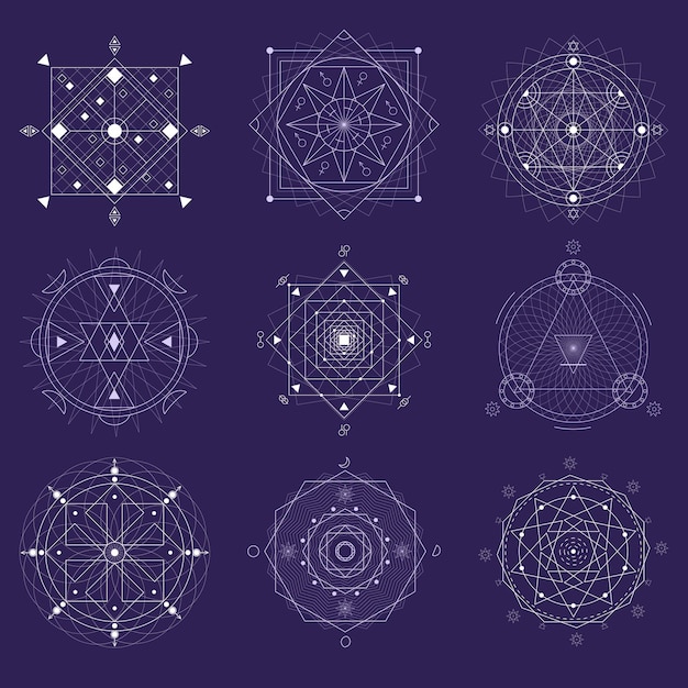 Symbol geometrii alchemii cienka linia zestaw religii mistyczne kształty na fioletowym tle. Ilustracja wektorowa