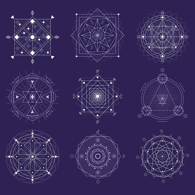 Symbol Geometrii Alchemii Cienka Linia Zestaw Religii Mistyczne Kształty Na Fioletowym Tle. Ilustracja Wektorowa