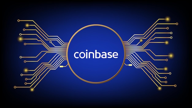 Symbol Giełdy Kryptowalut Coinbase W Złotym Kole Z Utworami Pcb Na Cyfrowym Niebieskim Tle. Element Projektu W Stylu Techno Na Stronie Internetowej Lub Baner. Giełda Kryptowalut Dla Wiadomości I Mediów.