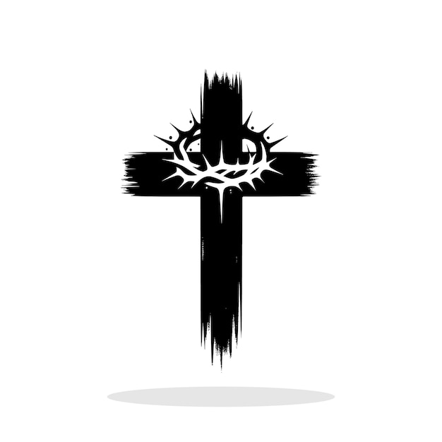 Symbol religijny Abstrakt czarny cios krzyża chrześcijańskiego z koroną ciernistą na białym tle Ilustracja wektorowa