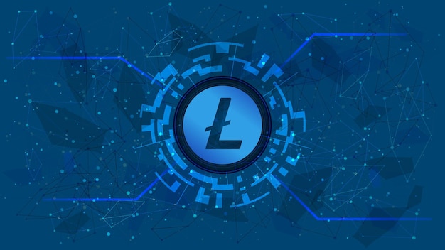 Symbol tokena Litecoin Ikona monety LTC w cyfrowym kręgu z motywem kryptowaluty na niebieskim tle Cyfrowe złoto w futurystycznym stylu na stronie internetowej lub baneru Kopiowanie miejsca Wektor Eps10