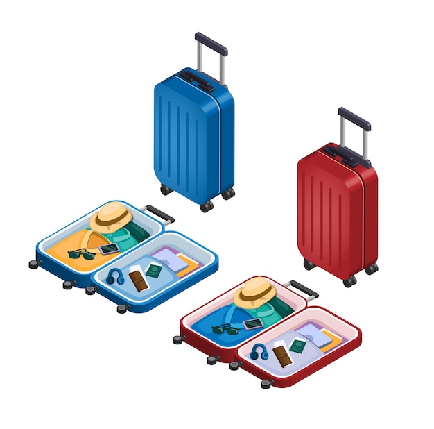 Plik wektorowy symbol walizki lub bagażu zestaw izometryczny wektor ilustracji