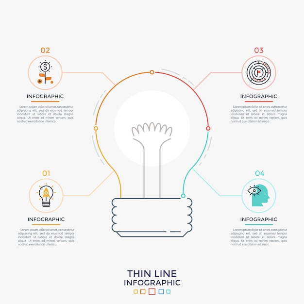 Symbol żarówki W środku Połączony Z 4 Okrągłymi Elementami Z Liniowymi Ikonami Wewnątrz I Polami Tekstowymi. Pojęcie Czterech Cech Pomysłu Na Biznes. Minimalny Szablon Projektu Plansza. Ilustracja Wektorowa.