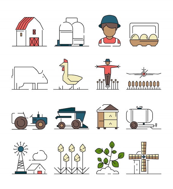 Symbole Farmy. Obiekty Rolnicze Pola Pszenicy Z Maszyną Rolniczą łączą Się Na Liniowej Ikonie Plantacji