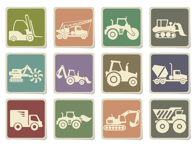 Symbole ikon transportu i maszyn budowlanych na etykietach kartonowych