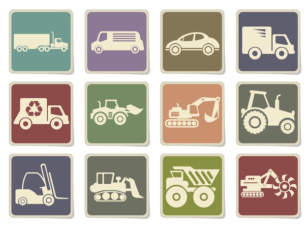 Symbole ikon transportu i maszyn ładujących na etykietach kartonowych