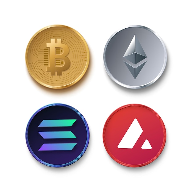 Plik wektorowy symbole kryptowalut na białym 3d wektor monety bitcoin ethereum solana i lawina