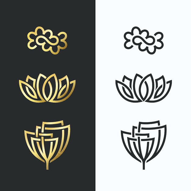 Plik wektorowy symbole linii kwiatowej, złote kształty i monochromatyczne.