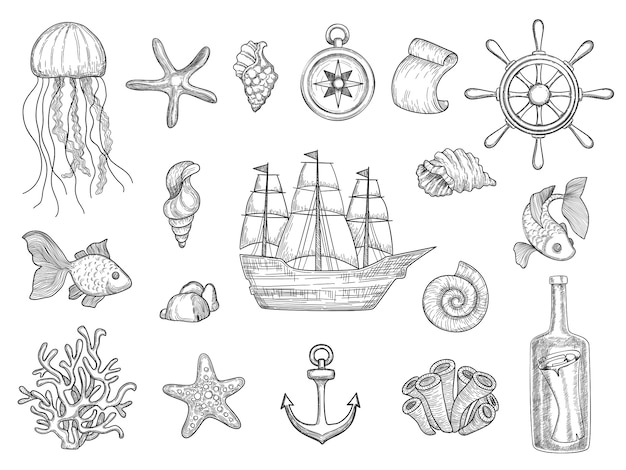 Symbole morskie. Ryby statek muszle łodzie ocean symbole żaglówka kolekcja morskich