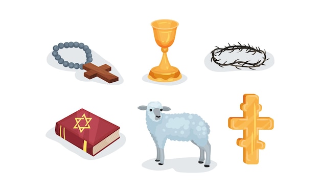 Symbole Religii Chrześcijańskiej I żydowskiej Baranek Boży Korona Cierniowa Drewniane Krzyże Katolickie I Złote Krzyże Prawosławne święty Graal I żydowska Księga Modlitw