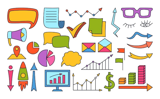 Symbole wykresu w mediach społecznościowych rysowane doodle szkic biznes kreatywność aplikacje strona internetowa element badania