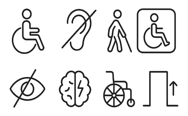 Symbols representing disabilities and accessibility for individuals in various settings