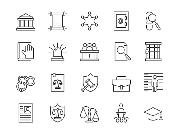 Symboly linii prawnych System sądowy i rządowy Adwokat i sędzia Ikony tarczy bezpieczeństwa Aresztowani w kajdankach Władza prawa lub wymiaru sprawiedliwości Więzienie siatkowe Wektorowy zestaw piktogramów