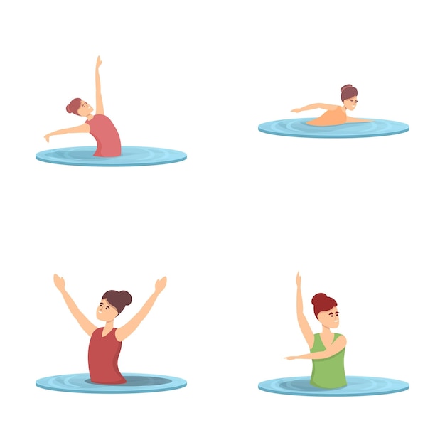Plik wektorowy synchronizowane ikony pływania ustawiają wektor kreskówki dziewczyna wykonująca kaskaderstwo w wodzie
