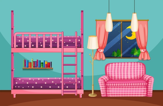 Plik wektorowy sypialnia z łóżkiem piętrowym i różową sofą