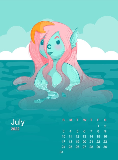 Plik wektorowy syrenka lipiec 2022 szablon kalendarza kalendarz miesięczny plakat fantasy ilustracja