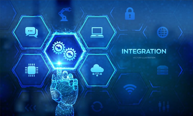 Plik wektorowy system danych integracji koncepcja technologii integracji systemu technologia przemysłowa i inteligentna rozwiązania biznesowe i automatyzacja ręka robota dotyka interfejsu cyfrowego ilustracja wektora