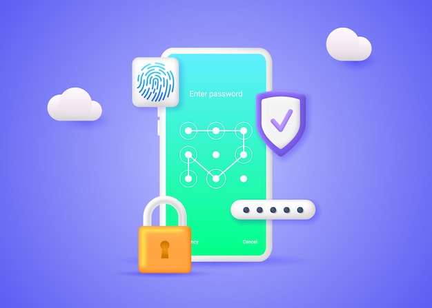 System ochrony telefonu komórkowego Koncepcja bezpieczeństwa smartfona Baner z kłódką do telefonu, osłoną hasła, skanerem linii papilarnych i hasłem graficznym
