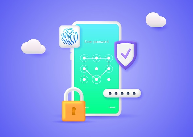 System Ochrony Telefonu Komórkowego Koncepcja Bezpieczeństwa Smartfona Baner Z Kłódką Do Telefonu, Osłoną Hasła, Skanerem Linii Papilarnych I Hasłem Graficznym