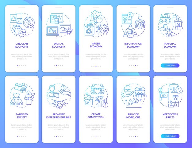 Systemy ekonomiczne zestaw ekranów aplikacji mobilnej z niebieskim gradientem Przejście 5 kroków z instrukcjami graficznymi strony z liniowymi koncepcjami Szablon interfejsu użytkownika UX GUI Myriad ProBold Użyte zwykłe czcionki