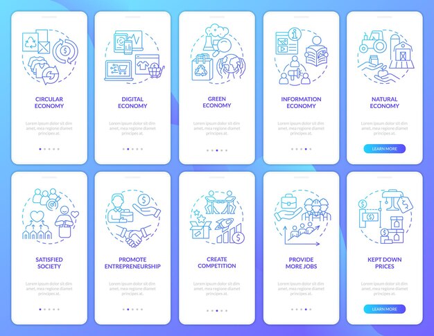 Systemy Ekonomiczne Zestaw Ekranów Aplikacji Mobilnej Z Niebieskim Gradientem Przejście 5 Kroków Z Instrukcjami Graficznymi Strony Z Liniowymi Koncepcjami Szablon Interfejsu Użytkownika Ux Gui Myriad Probold Użyte Zwykłe Czcionki