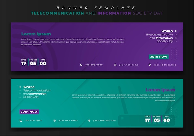Plik wektorowy szablon banera internetowego dla telekomunikacji i społeczeństwa informacyjnego w fioletowym i zielonym tle