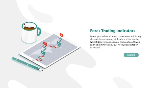 Szablon Banera Internetowego Z Tabletem Pc I Wykresem Kursów Walutowych Lub Wskaźnikami Handlu Forex Na Ekranie, Długopisie, Filiżance Kawy