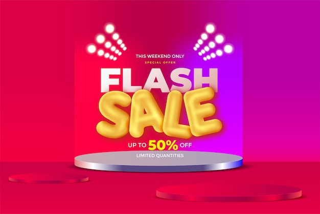 Szablon banera promocyjnego sprzedaży flash z podium i latającą etykietą rabatową i rabatową tłem