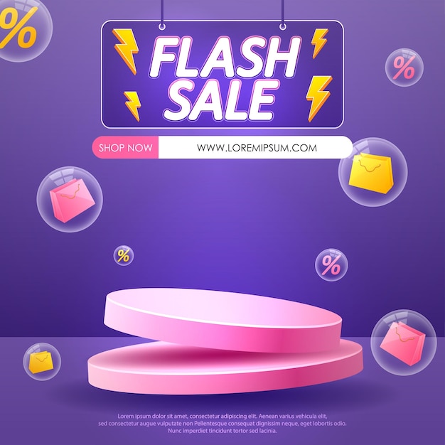 Szablon banera promocyjnego sprzedaży flash z podium i latającą etykietą rabatu, tłem sprzedaży i rabatu