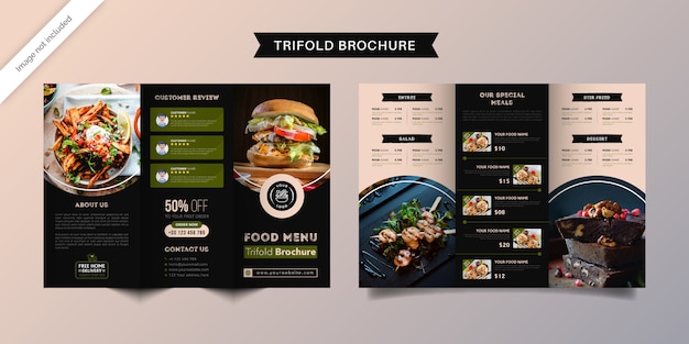 Plik wektorowy szablon broszury potrójnej żywności. broszura menu fast food dla restauracji w kolorze zielonym i granatowym.