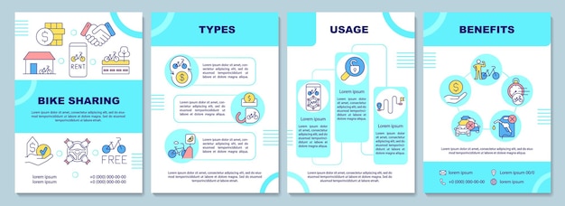 Plik wektorowy szablon broszury udostępniania rowerów. kategoryzacja i wykorzystanie. ulotka, broszura, druk ulotek, projekt okładki z liniowymi ikonami. układy wektorowe do prezentacji, raportów rocznych, stron ogłoszeniowych