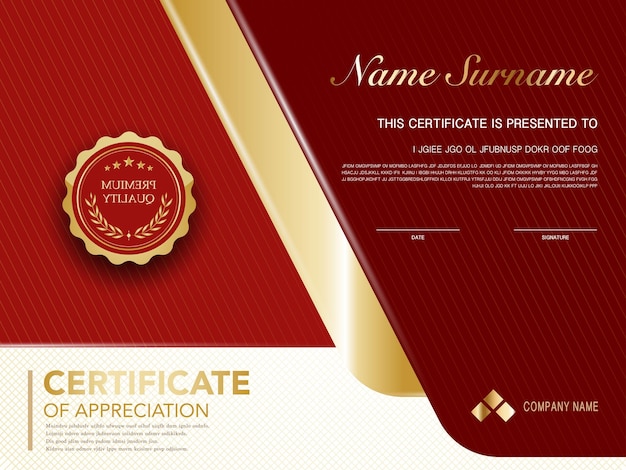 Szablon Certyfikatu Dyplomu W Kolorze Czerwonym I Złotym Z Luksusowym I Nowoczesnym Obrazem Wektorowym
