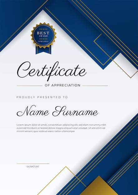 Szablon certyfikatu uznania złoty i niebieski kolor Czysty nowoczesny certyfikat ze złotą odznaką Szablon granicy certyfikatu z luksusowym i nowoczesnym wzorem linii Szablon wektor dyplomu